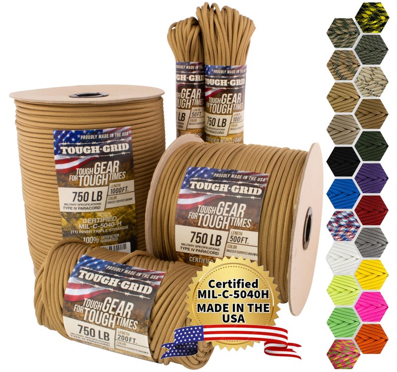 TOUGH-GRID 750 Paracord Rope Nylon Parachute Cord, Made in USA Survival Kit, Outdoor Adventures, Camping, Tactical Gear & Emergency Supplies, Military Type IV Mil-Spec - Image 1